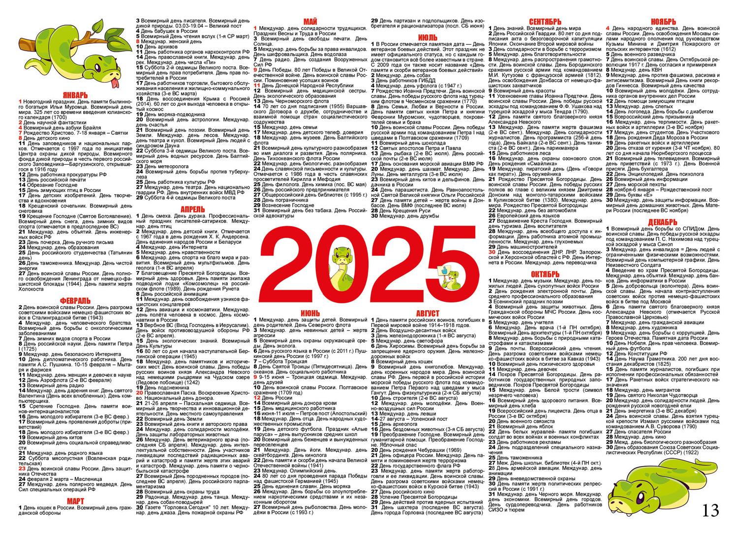 Основные праздники 2025 года